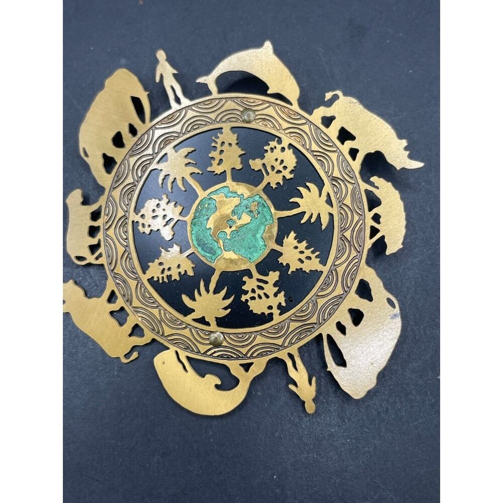 Vintage Signed Silver Forest One World Earth Brass Animal Tree Brooch Pin - Picture 6 of 13